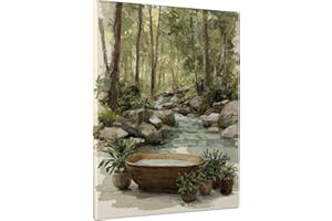 Nature Inspired Green Rustic Bath Canvas Wall Art, Earthy Brown Botanical Prints, Spring Aesthetic Decor for Living Room, Bed
