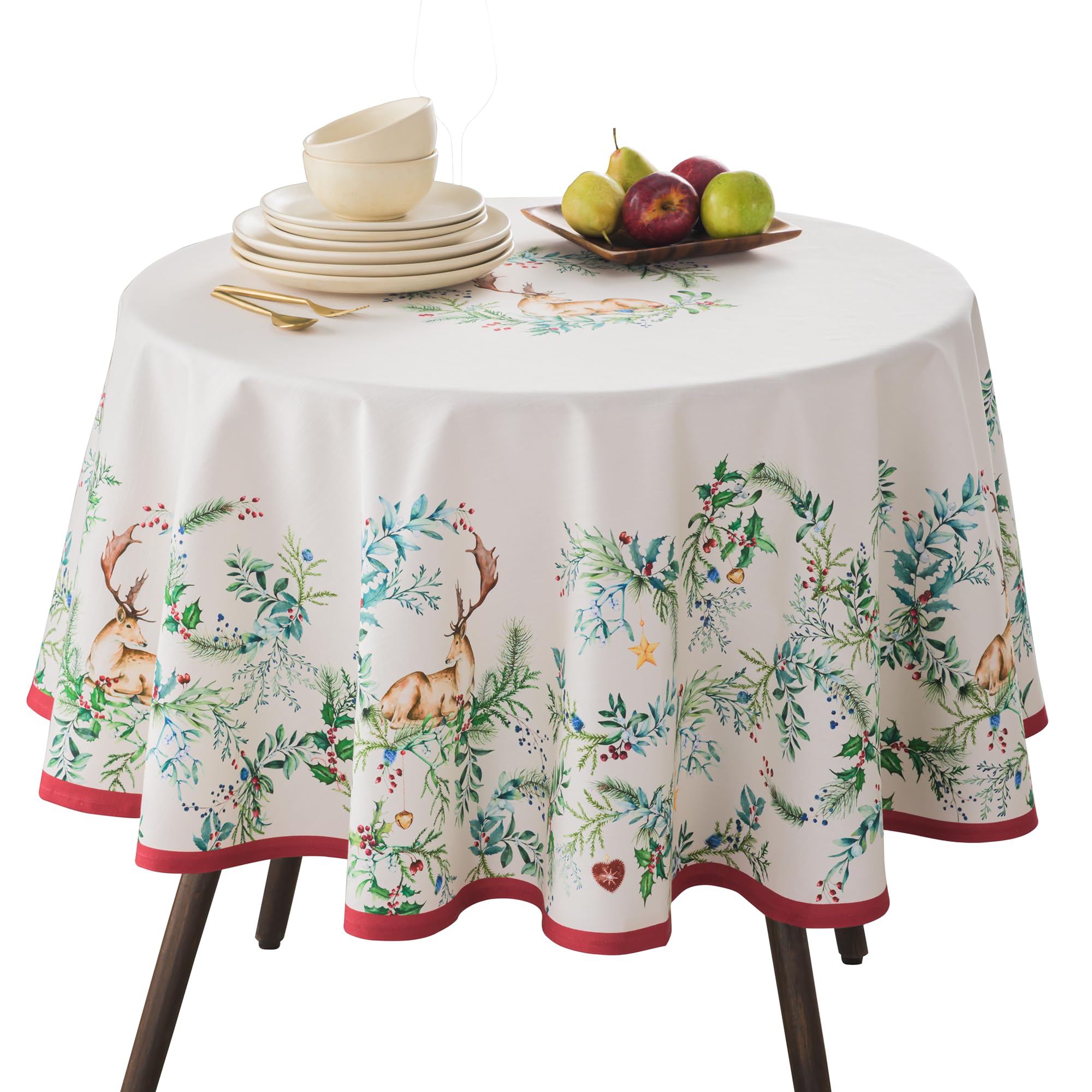 Maison d' Hermine Table Cloth Round Table 100% Cotton 69 Inches Fall Tablecloth Reusable Everyday Use for Thanksgiving Christmas Decorations Dining Farmhouse Party (Holly Time) Image