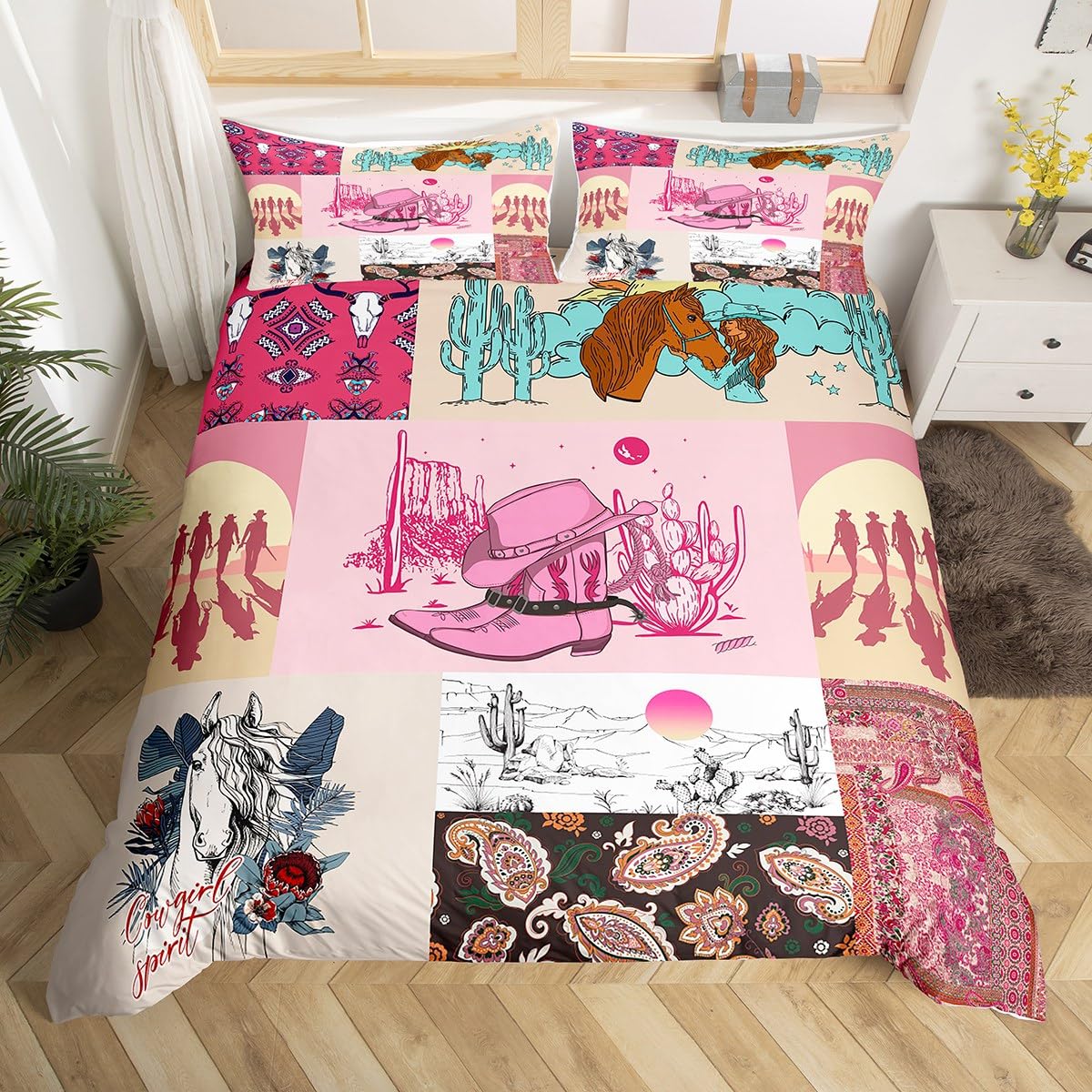Manfei Cowgirls Duvet Cover Set Single Size, Western Cowboy Bedding Set 2pcs for Kids Boys Girls Bedroom Decor, Cowboy Boots Horse Paisley Comforter Cover Soft Polyester Quilt Cover with 1 Pillowcase