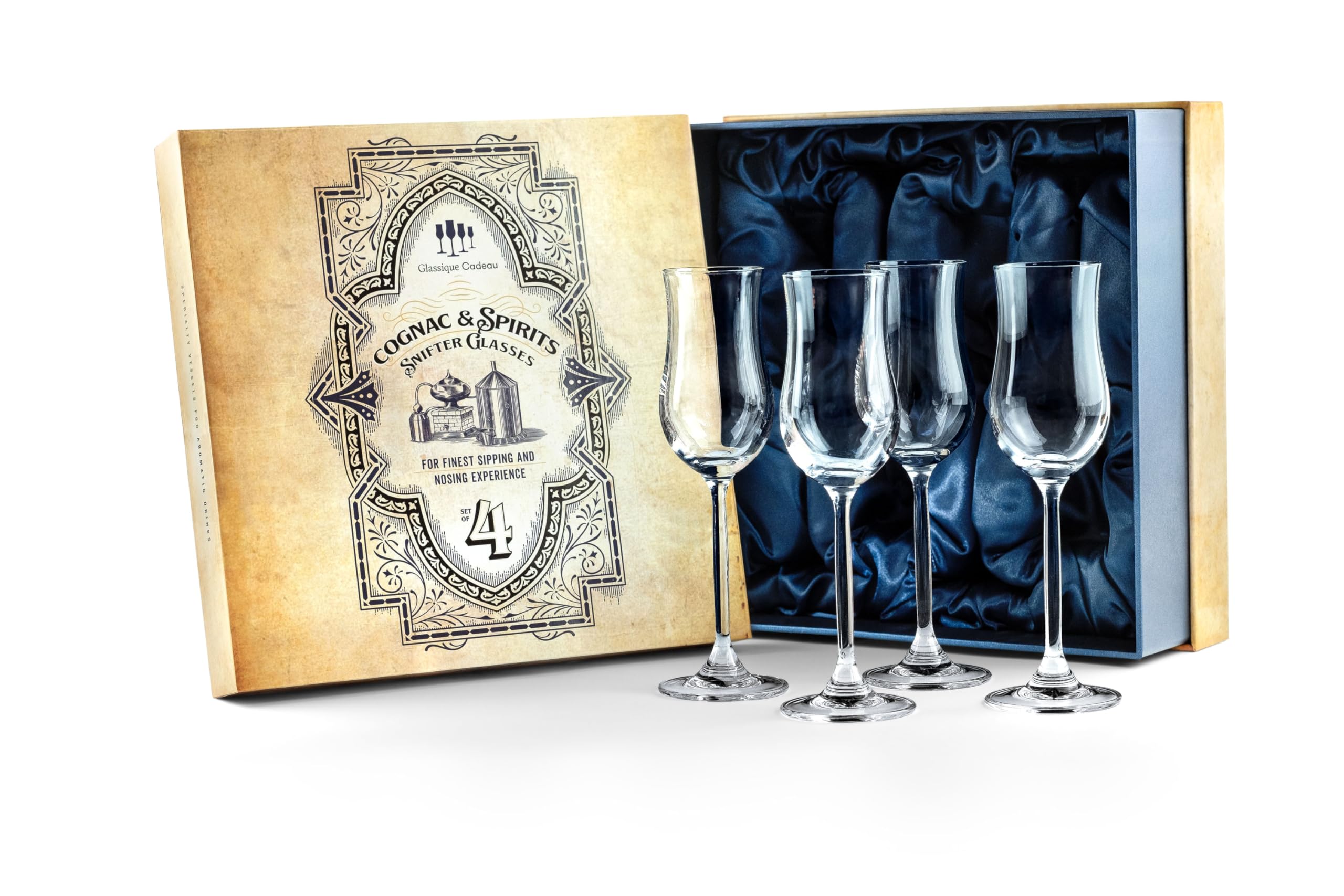 GLASSIQUE CADEAU Cognac Brandy, Tequila and Spirit Snifter Glasses | Set of 4 | 120 ml Tasting Tulip Copitas for Sipping Armagnac, Madeira, After Dinner Drink | Stemmed Nosing Sniffers for Liquor
