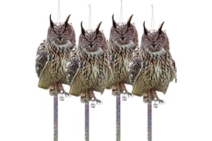 Kungfu Mall 4Pcs Fake Owl Hanging Decoration, Reflective Bird Scare for Garden Patio, Plastic Owl Deterrent with Reflective Tape to Scare Birds Away for Windows Tree