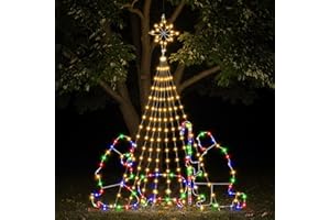 TUJOE 8FT Lighted Christmas Nativity Scene Outdoor with Waterfall Lights, 2D Nativity Scene Set with 346 LEDs(6 Lighting Modes), Waterproof Christmas Holy Family Yard Decoration for Gardens Display Holiday