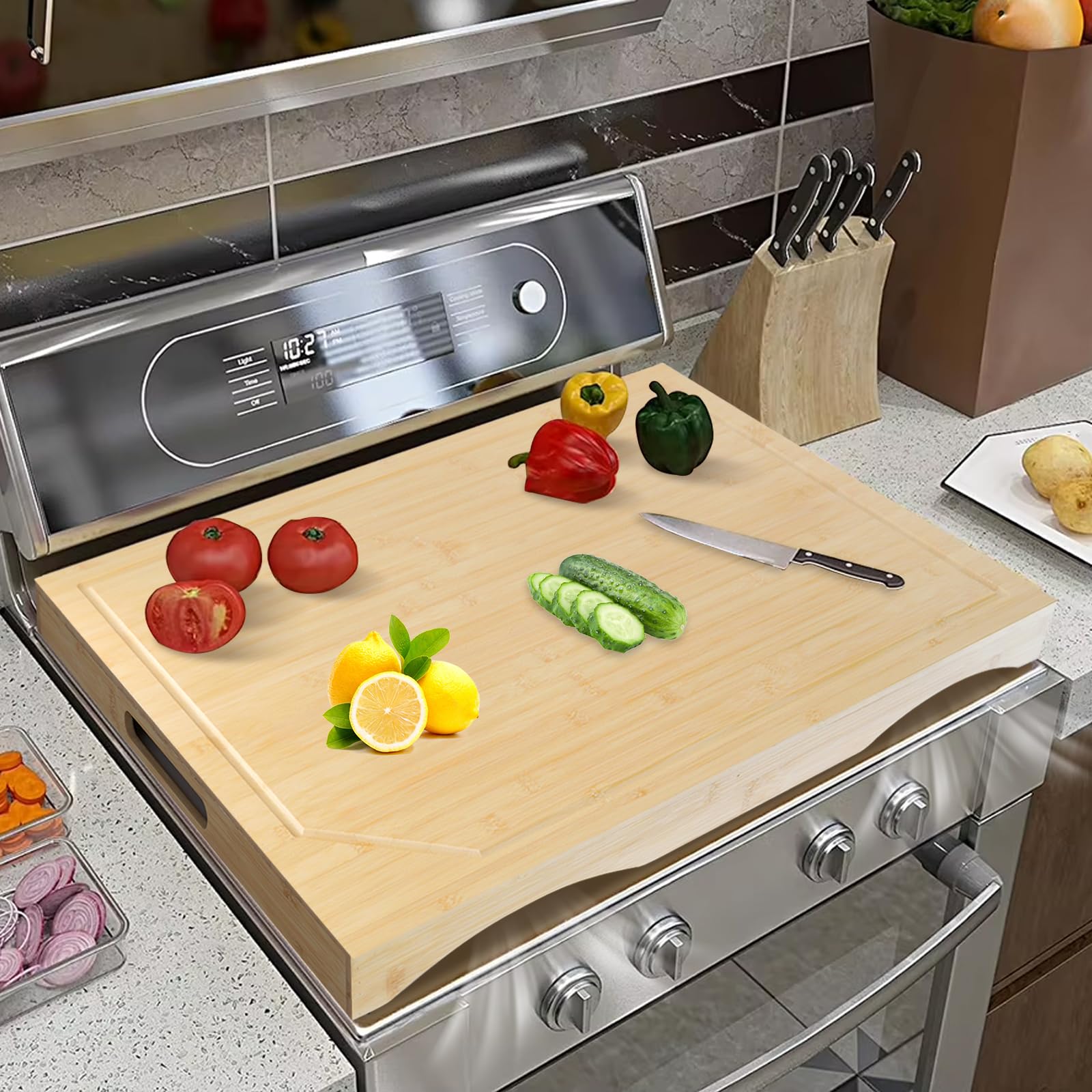 Photo 1 of Stranthother 3 in 1 Wood Noodle Board for Gas Stove Top 29.4*21.6'' Wood Stove Top Covers Board for Gas Burners and Electric Stove Wooden Kitchen Sink Cover RV Stovetop Cover Tray for Kitchen Counter
