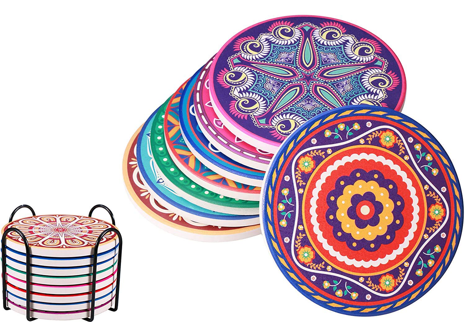 EDATOFLY Set of 8 Drink Coasters with Holder, Absorbent Ceramic Coaster with Cork Base, Round Ceramic Place Mats Decorative Cup Coasters for Cup Coffee Glass Mug, Gift for Men and Women