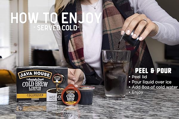 JAVA HOUSE COLD BREW COFFEE CONCENTRATE SINGLE SERVE LIQUID PODS, PEEL AND POUR, READY HOT OR ICED, TSA APPROVED