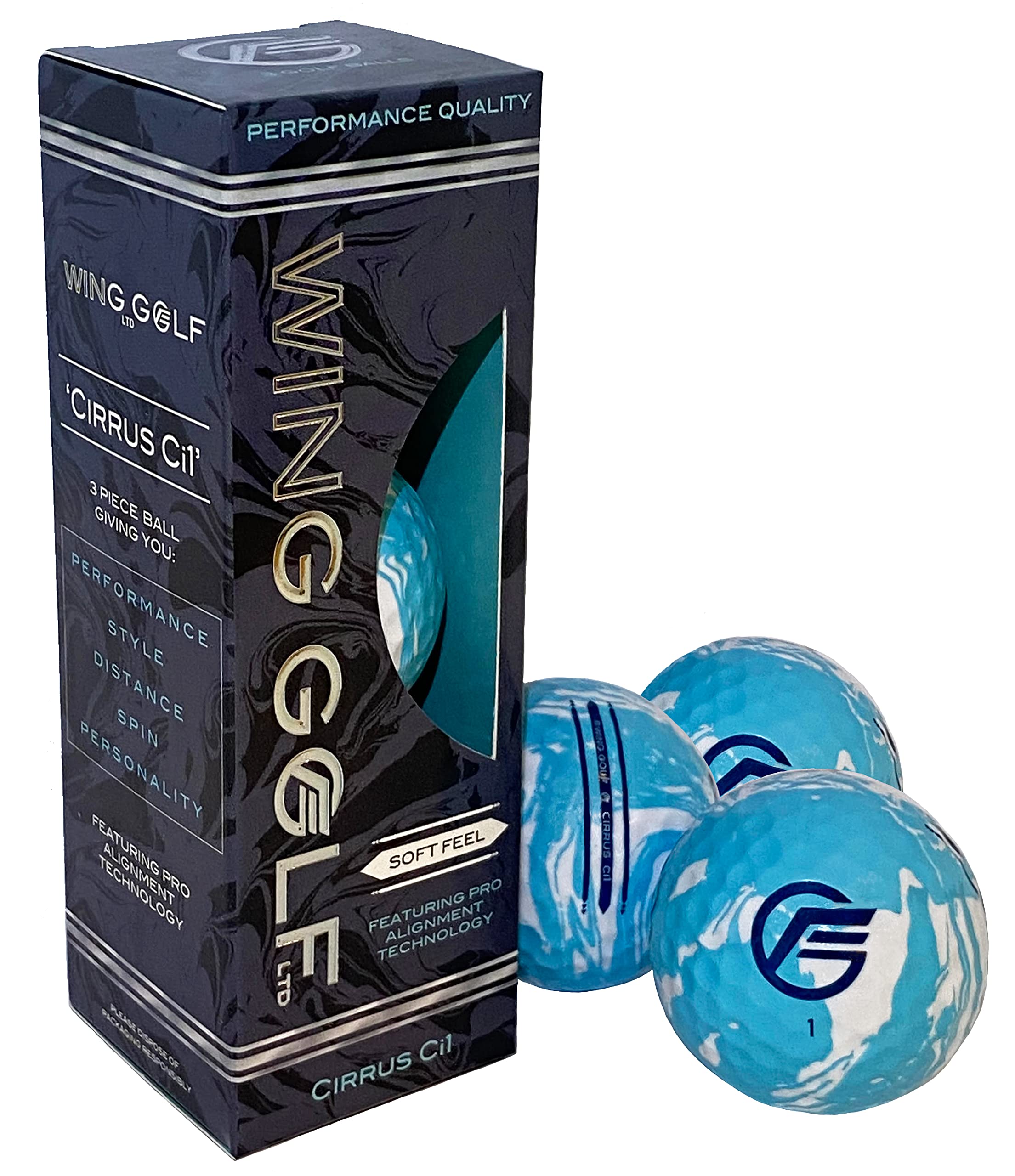 Wing Golf - Cirrus Ci1 Soft Feel Golf Balls, 3-Pack, Blue, High Visibility Golf Ball, Tri-Line Alignment, Long Distance, Soft Feel for Senior Golfers, Durable Anti-Scuff Surlyn Cover