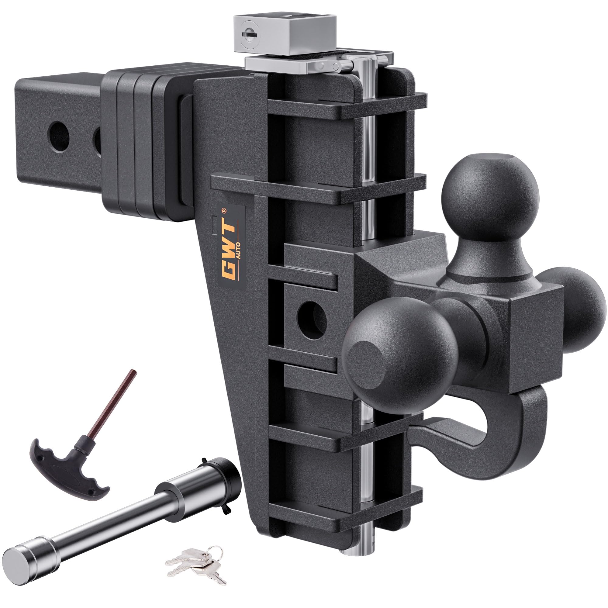 Photo 1 of GWTAUTO Adjustable Trailer Hitch with Hook, Tri-Ball (1-7/8" x 2" x 2-5/16") Drop Hitch, Fits 2.5-Inch Receiver, 6 Inch Drop Hitch, 18500 LBS GTW-Class 3 Tow Hitch for Heavy Duty Truck, Black