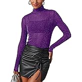 AISEW Womens Mesh Sheer Long Sleeve Glitter Tops Sexy See Through Sparkly Shirts Turtleneck Layering Top Shirt