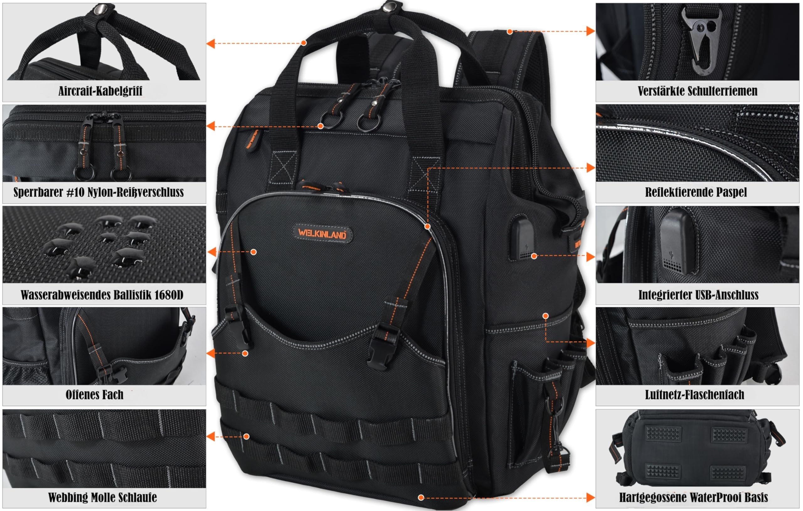 WELKINLAND 55 Taschen Werkzeugrucksack, Elektrikerrucksack, Werkzeugtasche 9