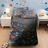 Btargot Navy Dinosaur Theme Glow in The Dark Durable Plush Zipper Bedding for Kids Boys Girls, Bed in a Bag, Twin Size