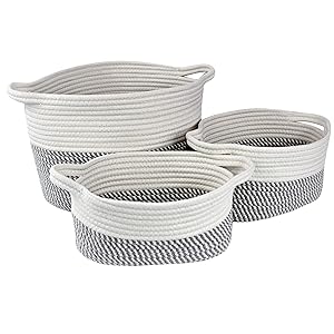 Bins & Things Cotton Rope Basket - Set of 3 Woven Basket - Sturdy Baby Nursery Toy Storage Basket with Handles - Baskets Come in 3 Sizes (S, M, L)