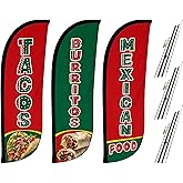 LookOurWay Mexican Food Themed Feather Flag Pole Kit 3 Pack - 5 Feet Tall Tacos & Burritos Advertising Flags with 3 Banners, 3 Pole Sets, and 3 Ground Spikes (Tacos, Burritos, Mexican Food)