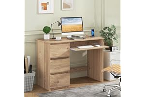 IFANNY Computer Desk with Power Outlet, White Desk with 3 Drawers & Keyboard Tray, Wood Vanity Table with Storage, Small Desk