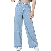 EXARUS Girls Jeans Pants Wide Leg/Flare/Skinny Denim Pant Ripped High Waist Elastic Band Casual with Pockets Kids 6-14Y