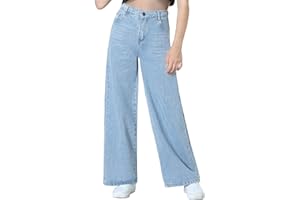 EXARUS Girls Jeans Pants Wide Leg/Flare/Skinny Denim Pant Ripped High Waist Elastic Band Casual with Pockets Kids 6-14Y