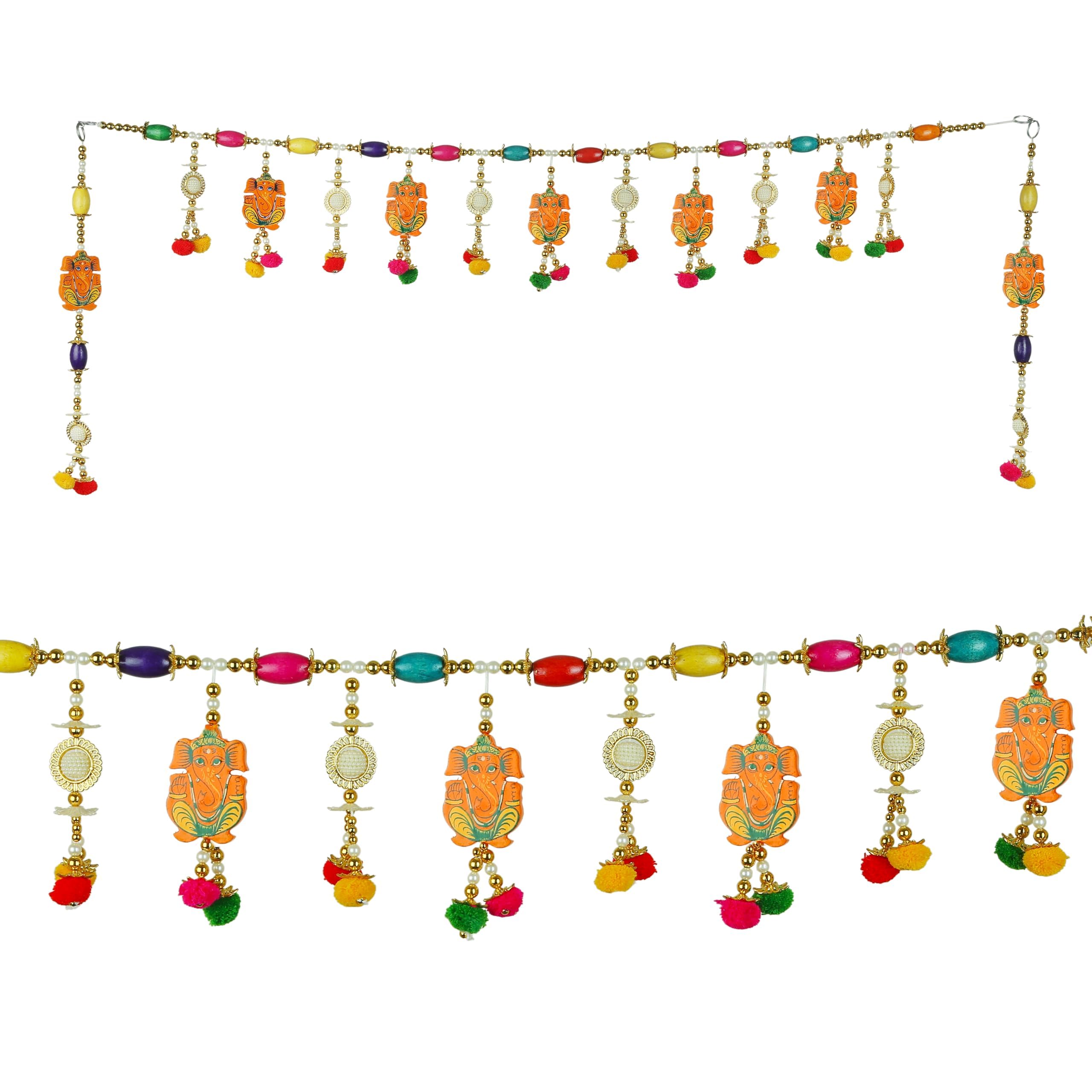 Decorative Toran Door Hanging Artificial ganesha pom pom beads Bandanwar Wall Hanging for Main Door Entrance Window Temple Living Room Home Decor Navratri Festival Decoration(Size-40"X6")(multicolor)