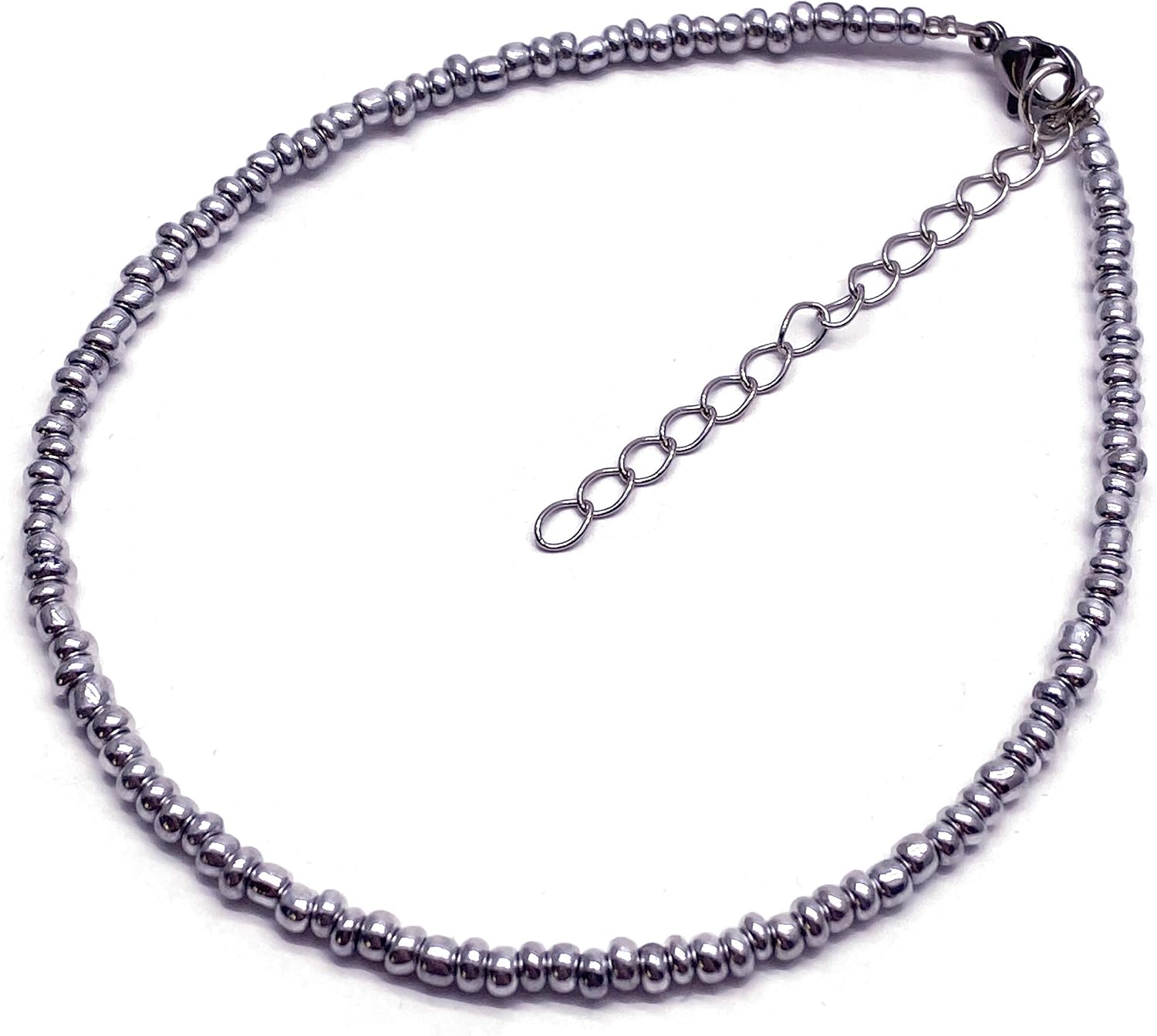 Shiny Silver Glass Seed Bead Anklet with Extension Chain - Adjustable Size : 9-11 inches, Ankle Jewellery for Women