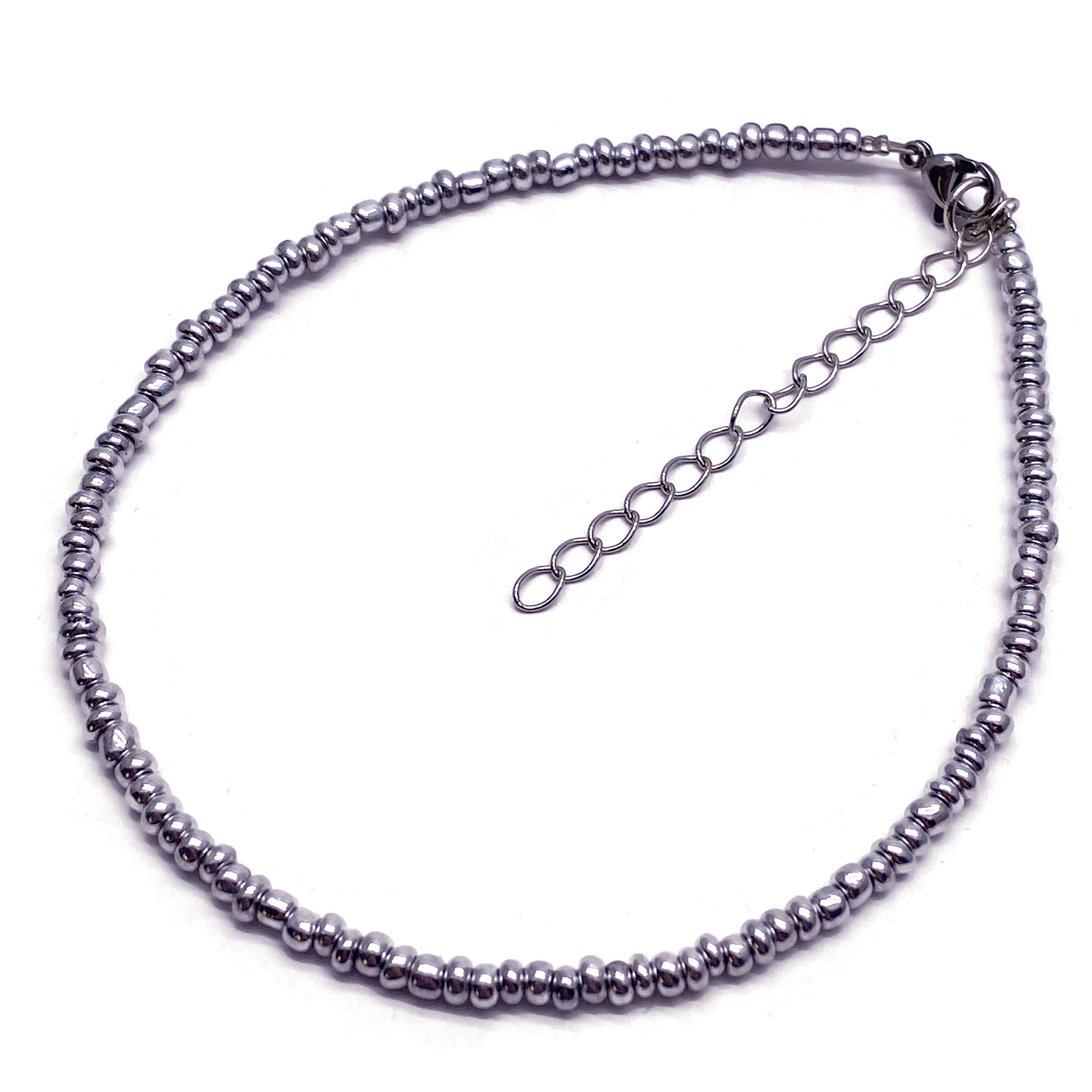 Shiny Silver Glass Seed Bead Anklet with Extension Chain - Adjustable Size : 9-11 inches, Ankle Jewellery for Women