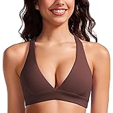 CRZ YOGA Butterluxe Deep V-Neck Sports Bras for Women - Spaghetti Strap Criss Cross Padded Top Low Coverage Wireless Yoga