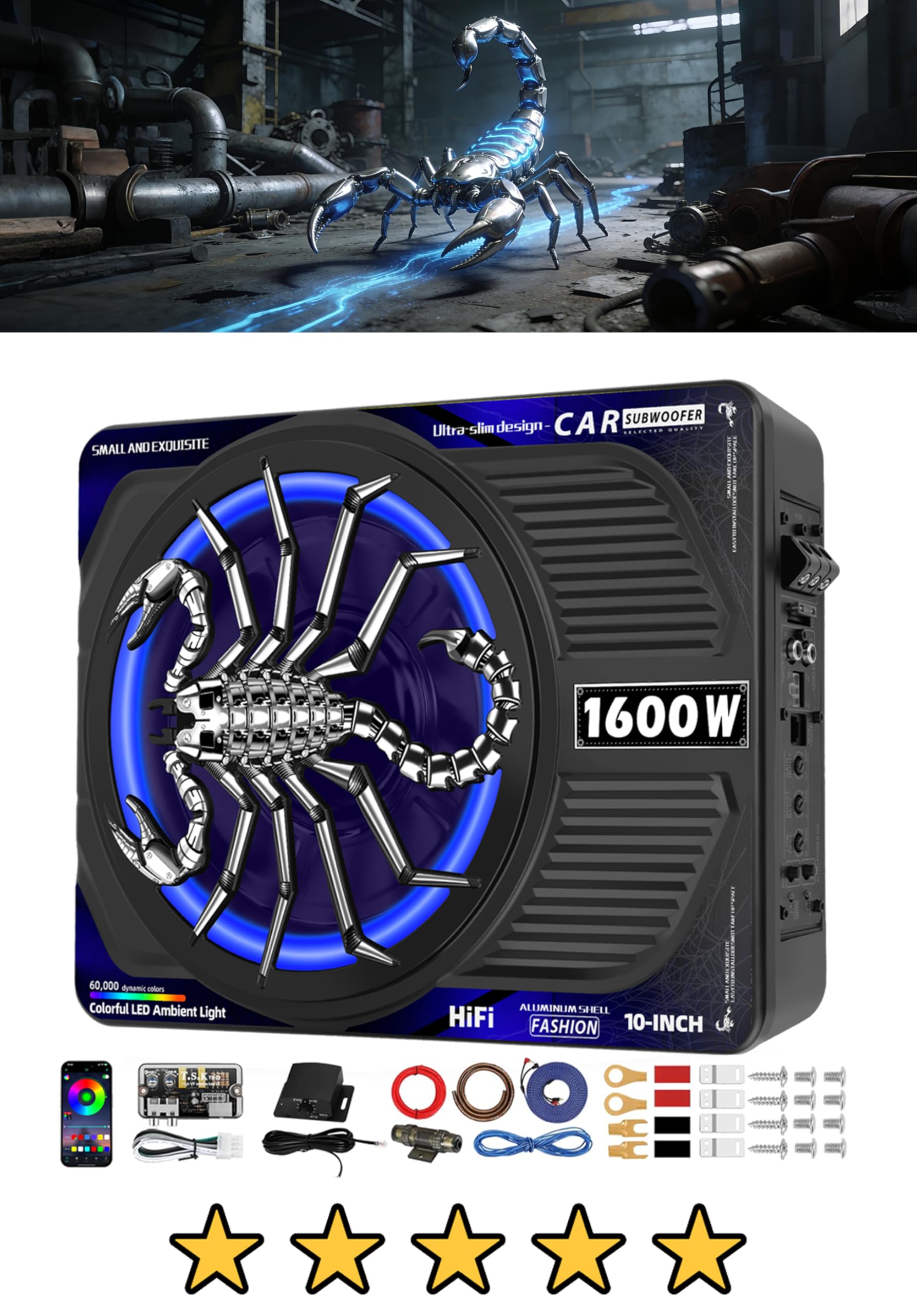 Photo 1 of TZGBASS 1600W Slim Underseat Car Subwoofer and Amp Package, Powered Subwoofer Car Audio with Built-in Class D Amp, RGB Beat-Sync Light, Deep Subsonic Bass, Under Seat Subwoofer for Truck SUV Sedan