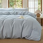 BESTDESIL Luxury 100% Washed Cotton Linen Like Duvet Cover Set,3 Pcs Striped Duvet Cover with Zipper Closure(Strip-Cornflower Blue/White,Full)