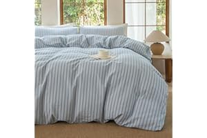BESTDESIL Luxury 100% Washed Cotton Linen Like Duvet Cover Set,3 Pcs Striped Duvet Cover with Zipper Closure(Strip-Cornflower Blue/White,Queen)