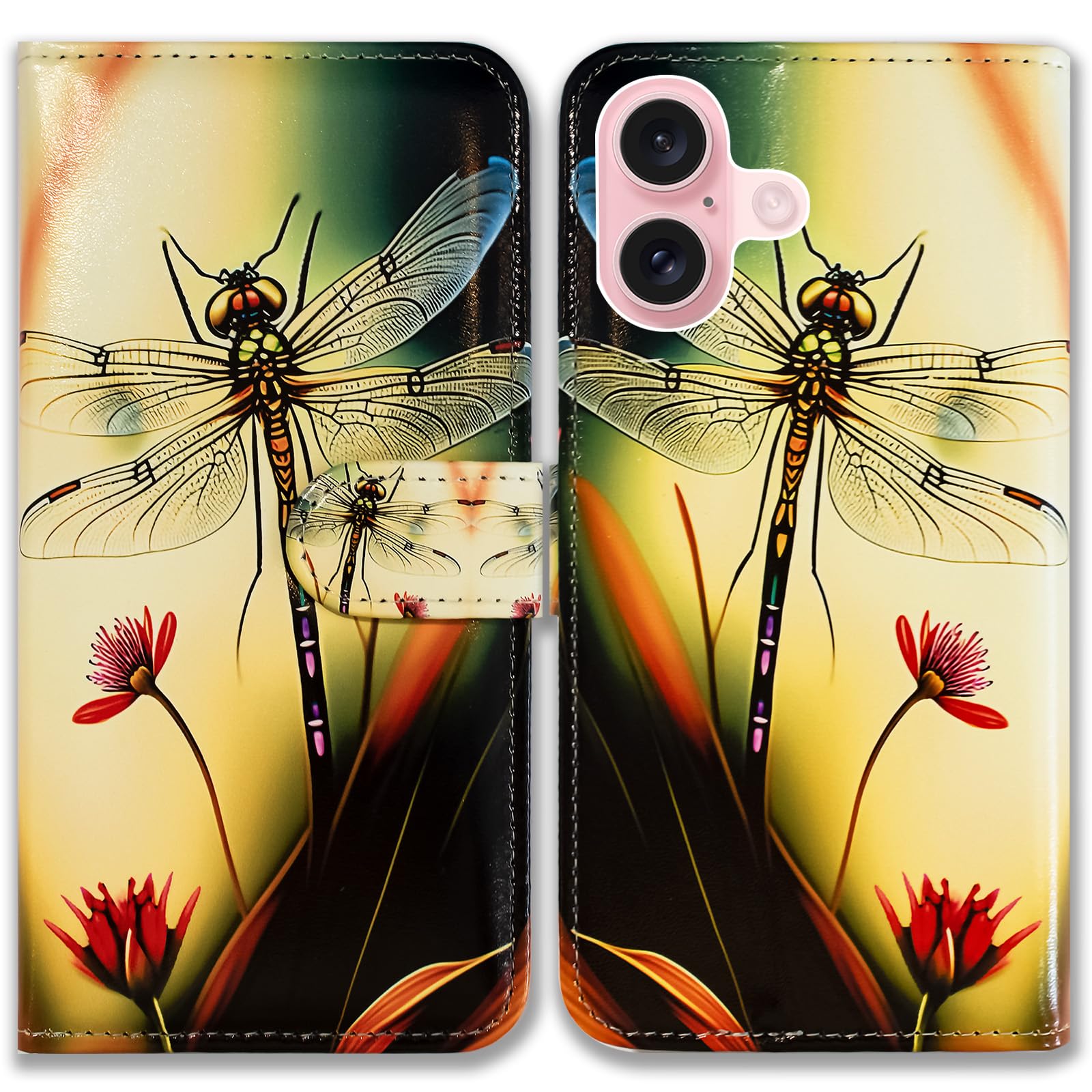 Bcov Case For iPhone 16,Colorful Dragonfly Style Leather Flip Phone Case Wallet Cover with Card Slot Holder Kickstand Case For Apple iPhone 16