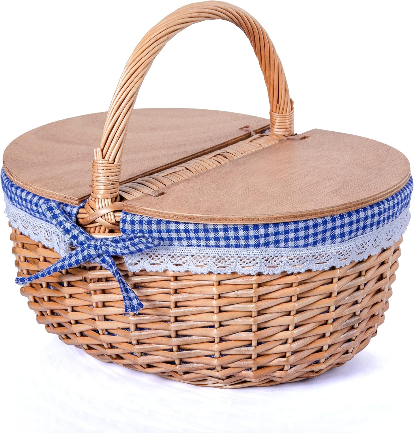 SatisInside Wicker Picnic Basket with Wooden Lids and Washable Liner - Stationary Handle - Blue: Kitchen & Dining