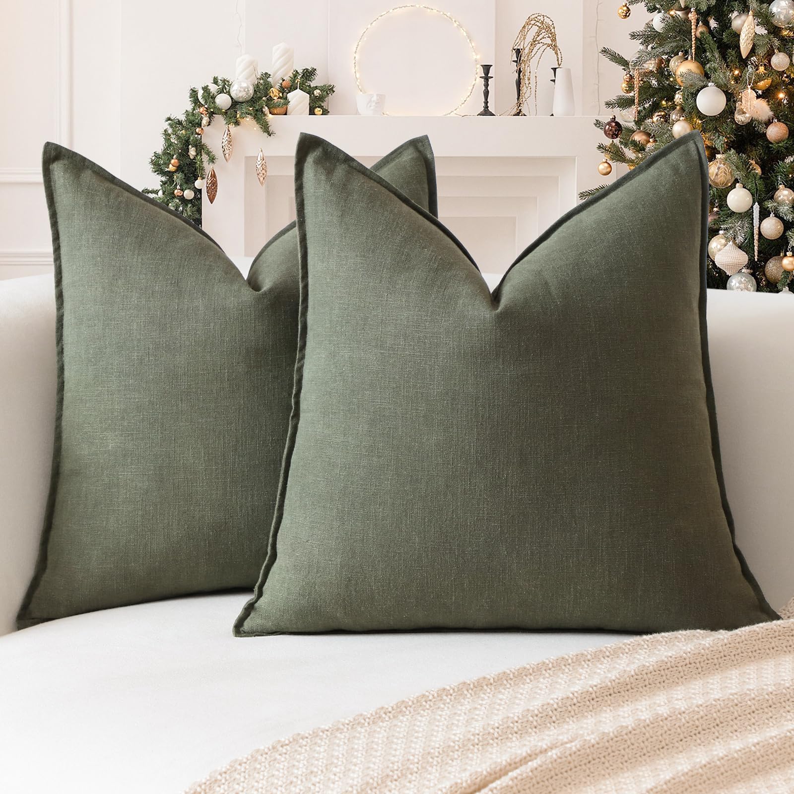 Sungeek Set of 2 Soft Linen Decorative Cushion Covers 45cm x 45cm Solid Farmhouse Throw Pillow Covers Boho Accent Cushion Cases for Sofa Couch Chair Bedroom Home Decor Pillowcases, Olive Green