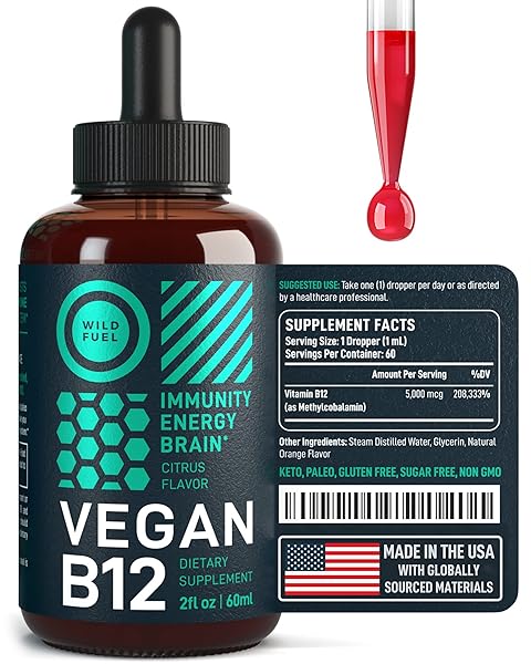 VEGAN VITAMIN B12 LIQUID DROPS – FAST-ACTING 60 X 5000MCG METHYLCOBALAMIN B12 SUPPLEMENT – ENERGY, MEMORY AND MOOD SUPPORT – HIGH-POTENCY ONE-DROPPER PER DAY – NON-GMO, NATURAL CITRUS FLAVOR – 2OZ