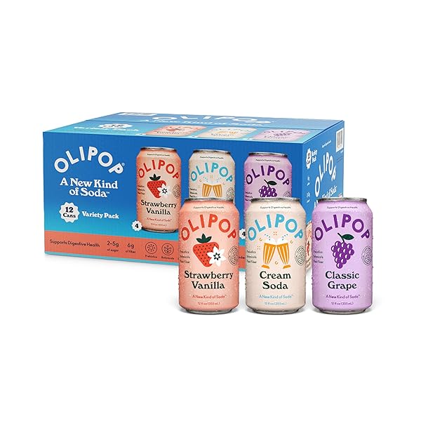 OLIPOP PREBIOTIC SODA POP, 3 FLAVOR VARIETY PACK, PREBIOTICS, FIBER, AND BOTANICALS, GLUTEN, GMO, 12OZ (12-CANS)