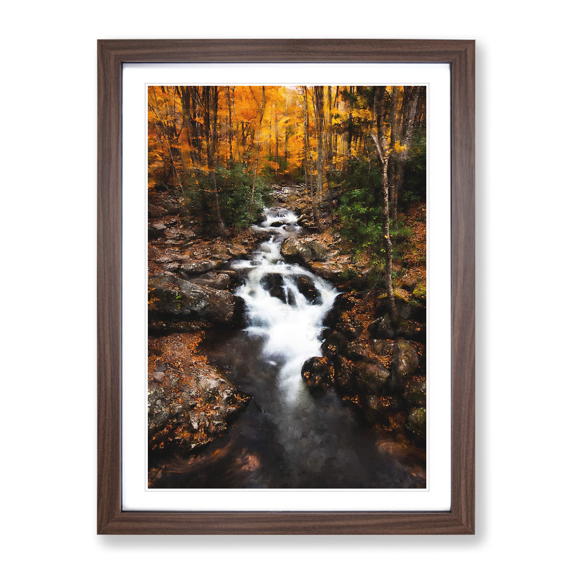 Woodland Stream Painting Modern Framed Wall Art Print, Ready to Hang Picture for Living Room Bedroom Home Office Décor, Walnut A4 (34 x 25 cm)