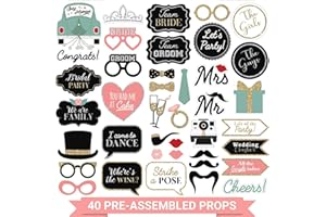 PERFECT OCCASION Fully Assembled Wedding Photo Booth Props - Set of 40 - Gold, Pink, Teal, & Silver Selfie Signs - Wedding Party Supplies & Decorations - Cute Designs with Real Glitter - Did We Mention No DIY