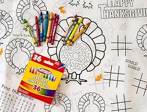 Kids' Coloring and Activity Thanksgiving Tablecloth Bundle - 2 Items: 1 Paper Tablecover, 1 Box of Crayons