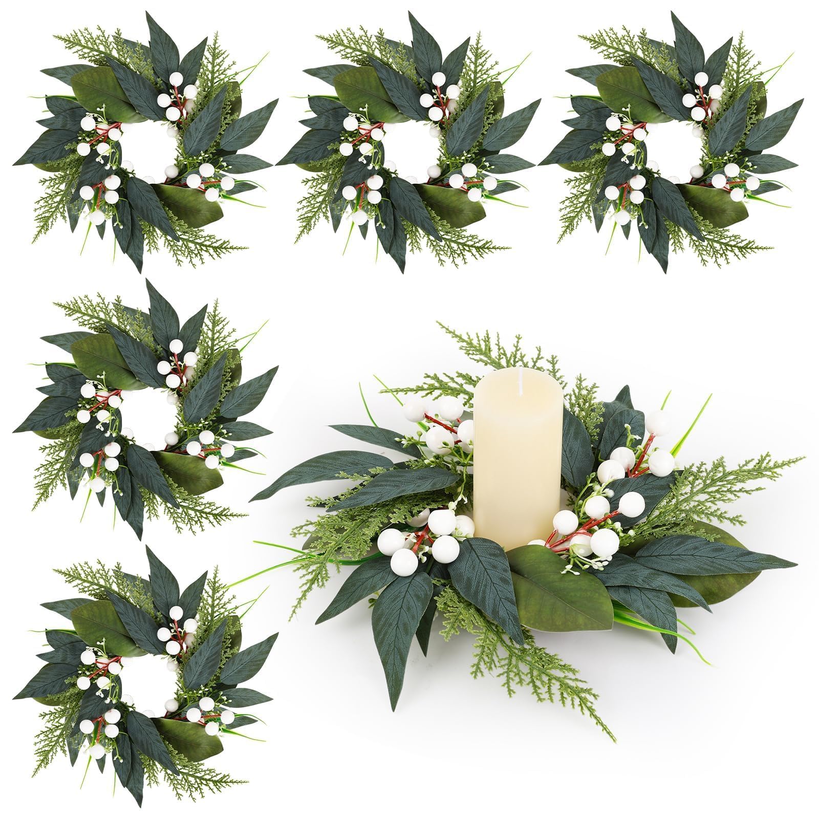 Photo 1 of 6 PCS 3 inch Summer Spring Candle Rings Wreaths Mini Green Candle Rings Wreath Artificial Wreath with Green Leaves and White Berries for Wedding Party All Seasons Table Farmhouse Home Decorations