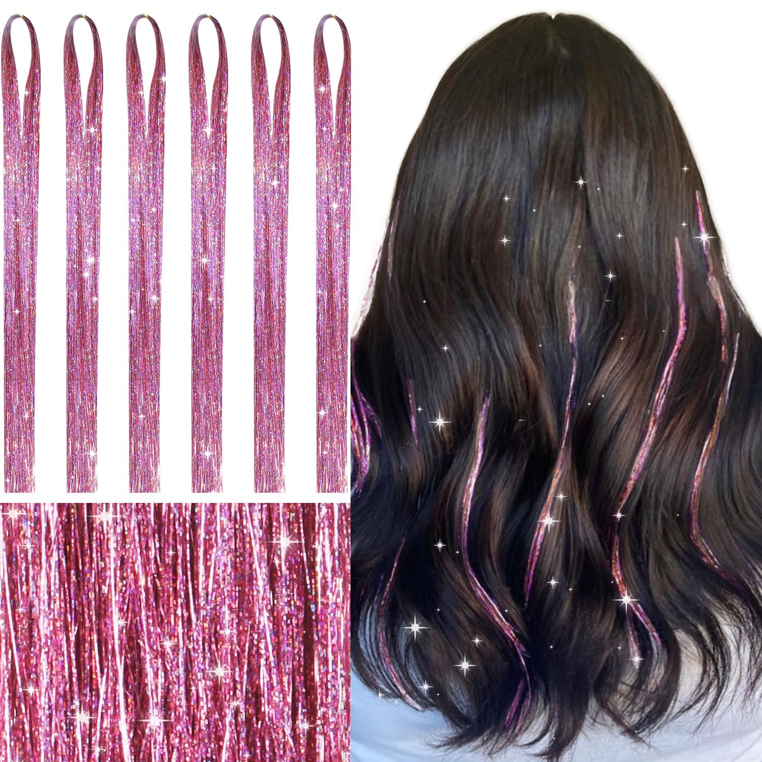 WENNALIFE Hair Tinsel for Girls, Pink Fairy Kit 1200 Strands 6PCS 48 Inch Heat Resistant Glitter Tinsel Hair Extensions Kit Christmas Angel Feathers Sparkle Strands