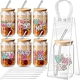 Maxdot 6 Set Pink Christmas Glass Cups with Lid and Straw 16 oz Cute Glass Cup Nutcracker Xmas Tree Santa Claus Bows Angel Merry Christmas Can Shape Beer Tumbler for Women Teacher Xmas Birthday Gifts