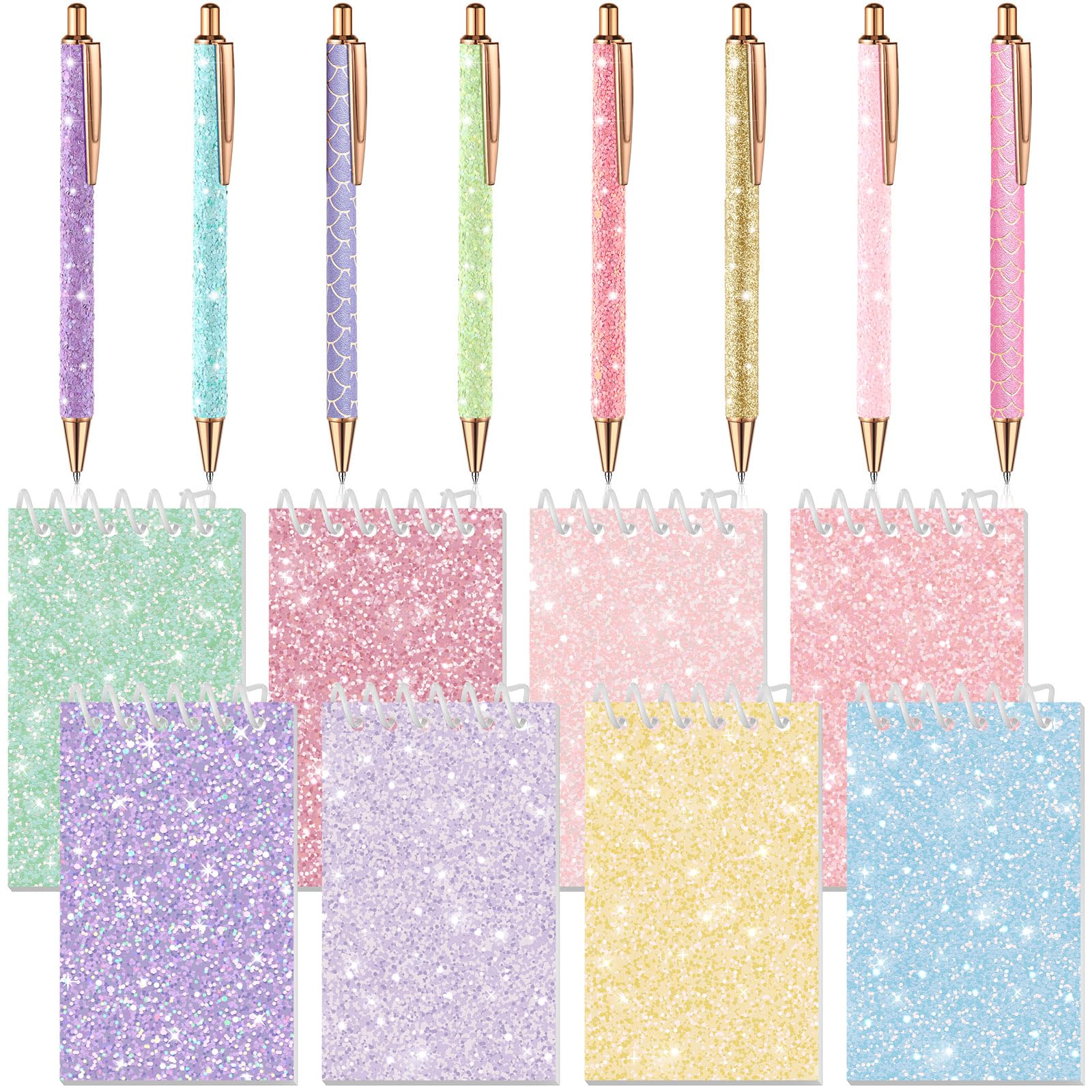 Photo 1 of Sherr 16 Pcs Glitter Pens and Notebooks Glitter Pocket Notepad Mini Notebooks for Kids Fancy Pens for Women Colorful Ballpoint Spiral Notepads for Kids Back to School Gifts(Light Color)