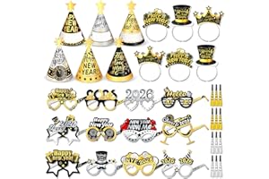 DPKOW New Year's Eve Party Supplies 2026, Black Gold New Year Party Hats Glasses Happy New Year Headband Fringed Noise Makers