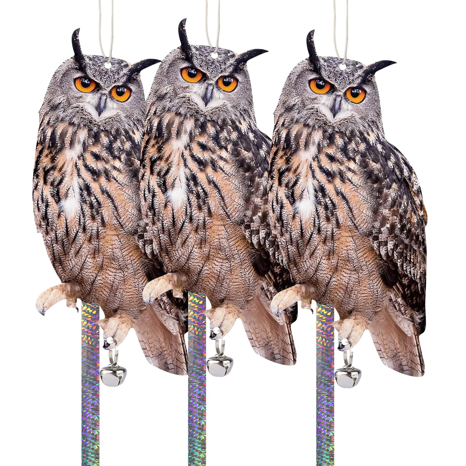 Lifreer Fake Owl Decoy to Scare Birds, 3PCS Hanging Reflective Bird Device Outdoor Bird Scarer to Keep Birds Pigeon Woodpecker Away from Patio Garden