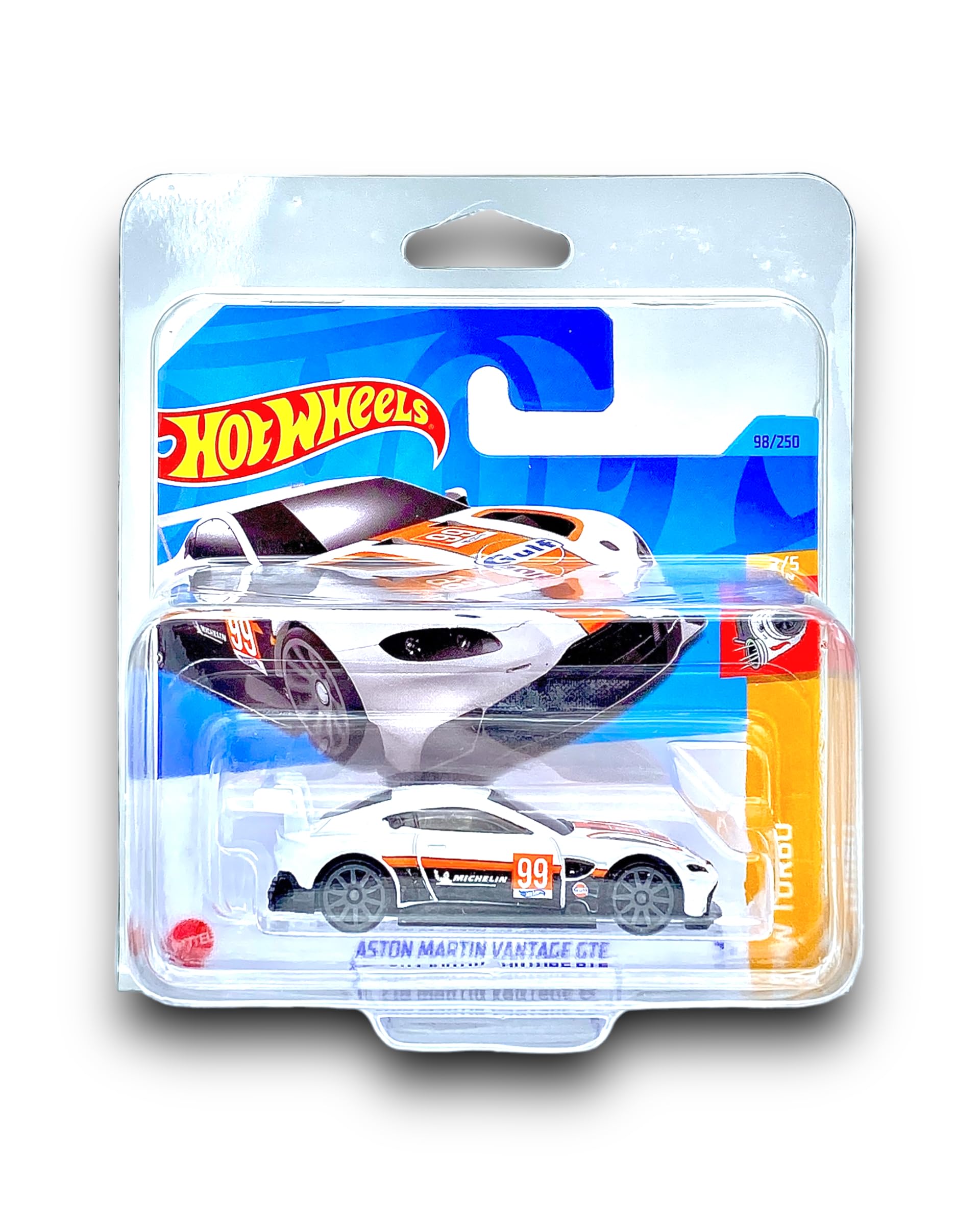 Hot Wheels Aston Martin Vantage GTE (White & Orange (GULF)) 2/5 HW Turbo - 2023-98/250 (Short Card) - COMES IN A KLAS CAR KEEPER PROTECTIVE COLLECTORS CASE - HKK84