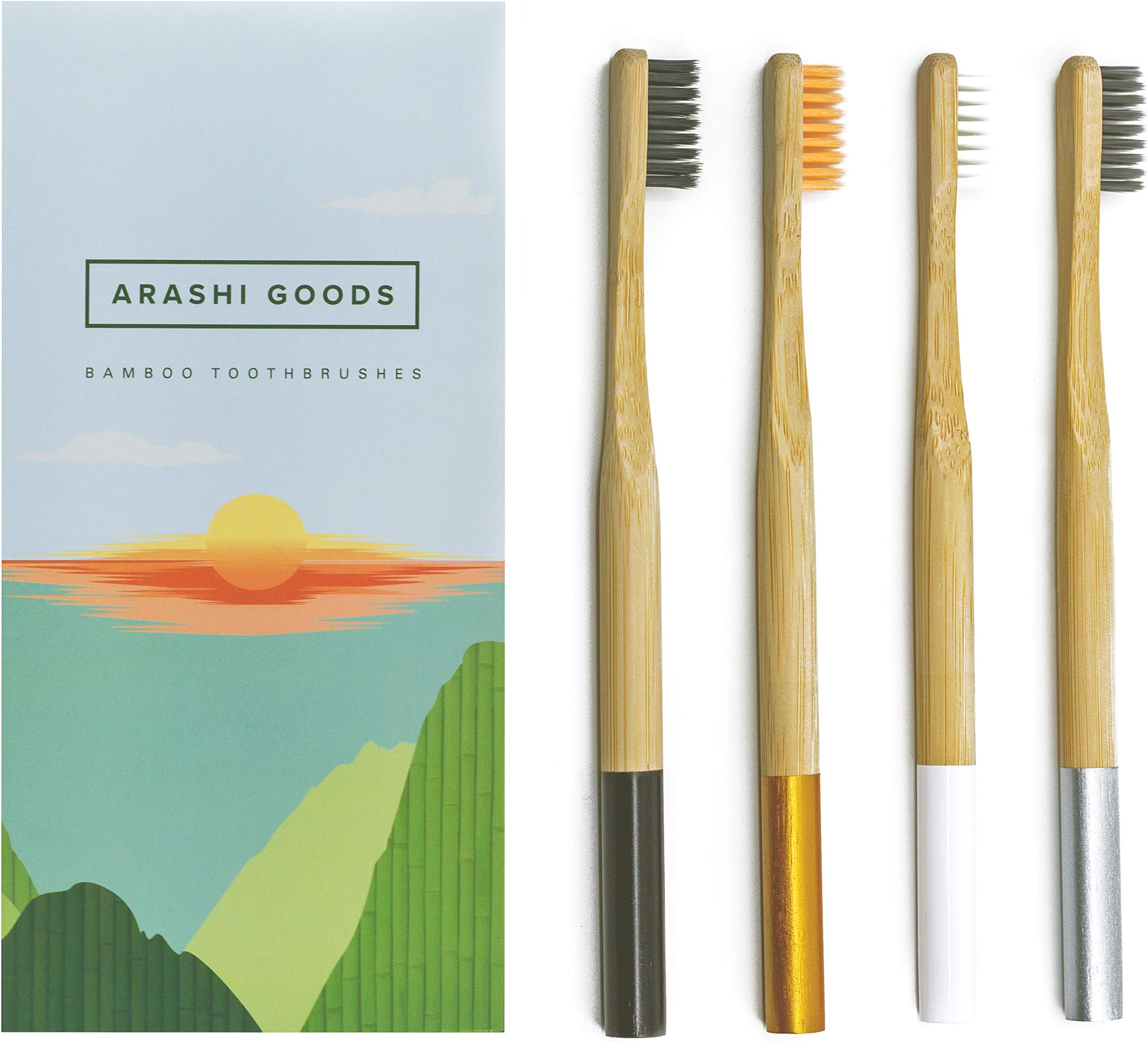 Arashi Goods Bamboo Toothbrush โ Soft Bristle Eco Friendly Compostable Tooth Brushes for Adults and Children (4-Pack, Colored Handles)