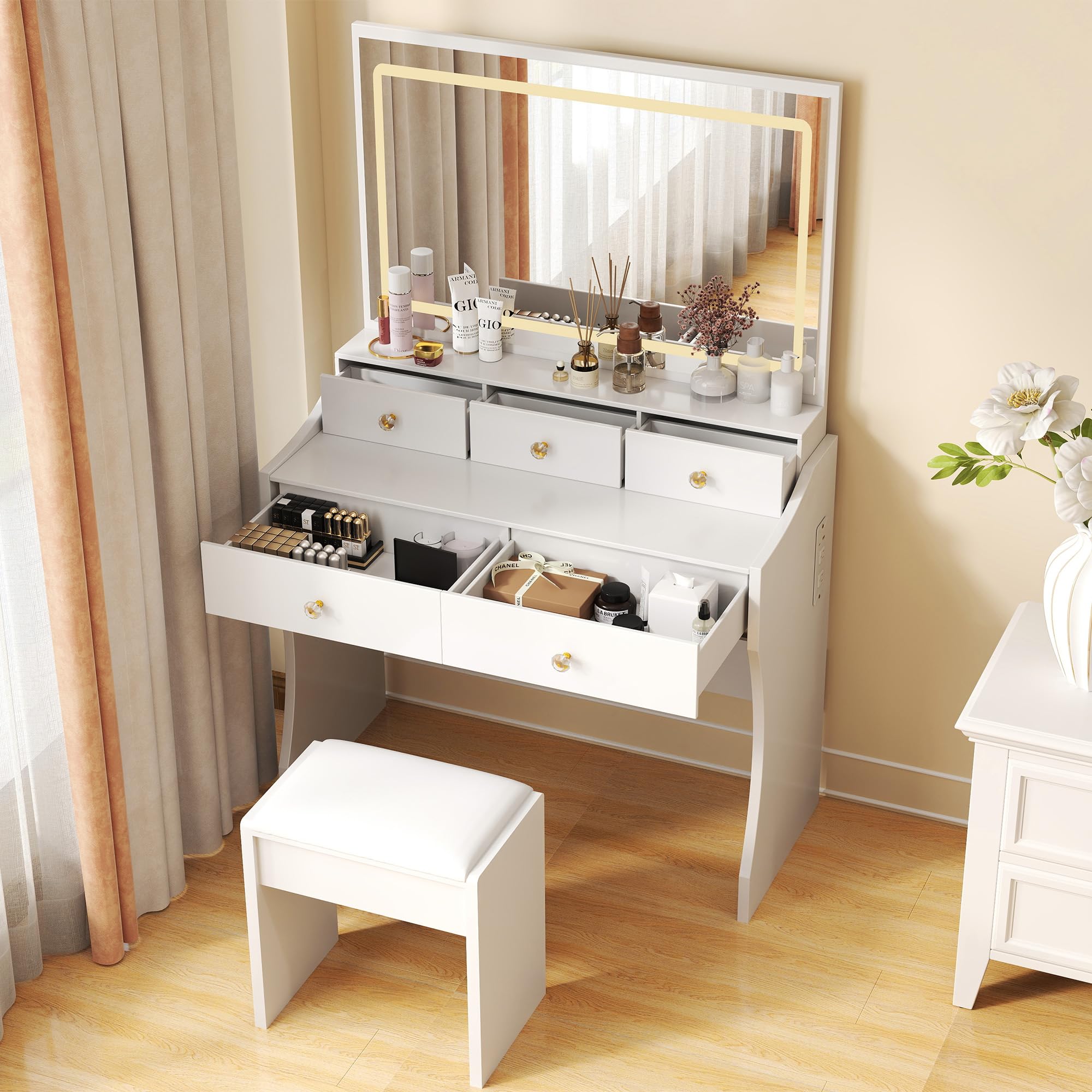 Photo 1 of COMHOMA Makeup Vanity Desk with Mirror and Lights, Vanity Table and Chair Set with 5 Drawers and Charging Station, Bedroom Dresser LED Mirror Stepless Dimmable & 3 Color Modes Adjustable, White