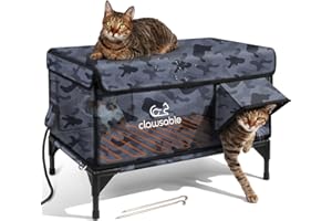 LAMLINGO Outdoor Heated Cat House in Winter,Extremely Insulated & Weatherproof,Elevated Feral Cat Shelter with Waterproof Eaves & Escape Door for Outside Stray Barn Cat (Black Camo, L:25.6" Lx16.5 Wx18.0 Th)