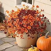 Artificial Mums Fall Fake Flowers for Outdoors, 12 Bundles Faux Mums for Outdoor Planters Decorations,UV Resistant Silk Flowers Plastic Plants for Front Porch Garden Patio Home Decor(B-Orange Brown)