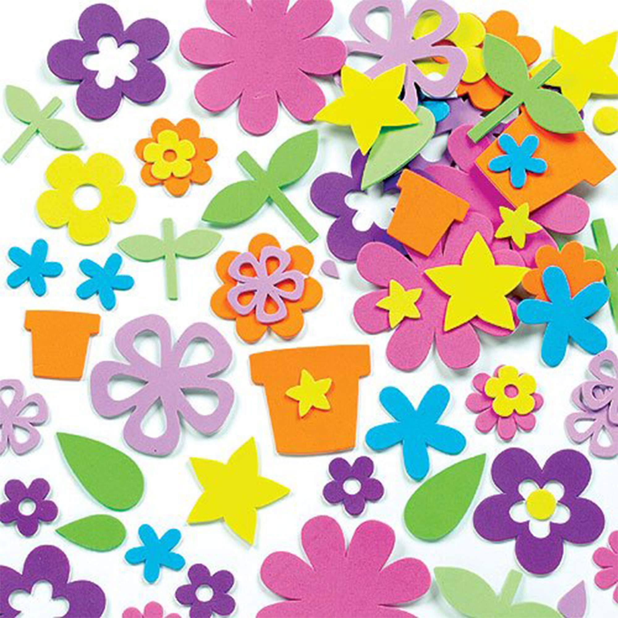 Baker Ross Self Adhesive Flower Garden Foam Stickers - Pack of 200, For Kids to Decorate Collage, Cards & Craft, EK342, 0.8cm-8.5cm