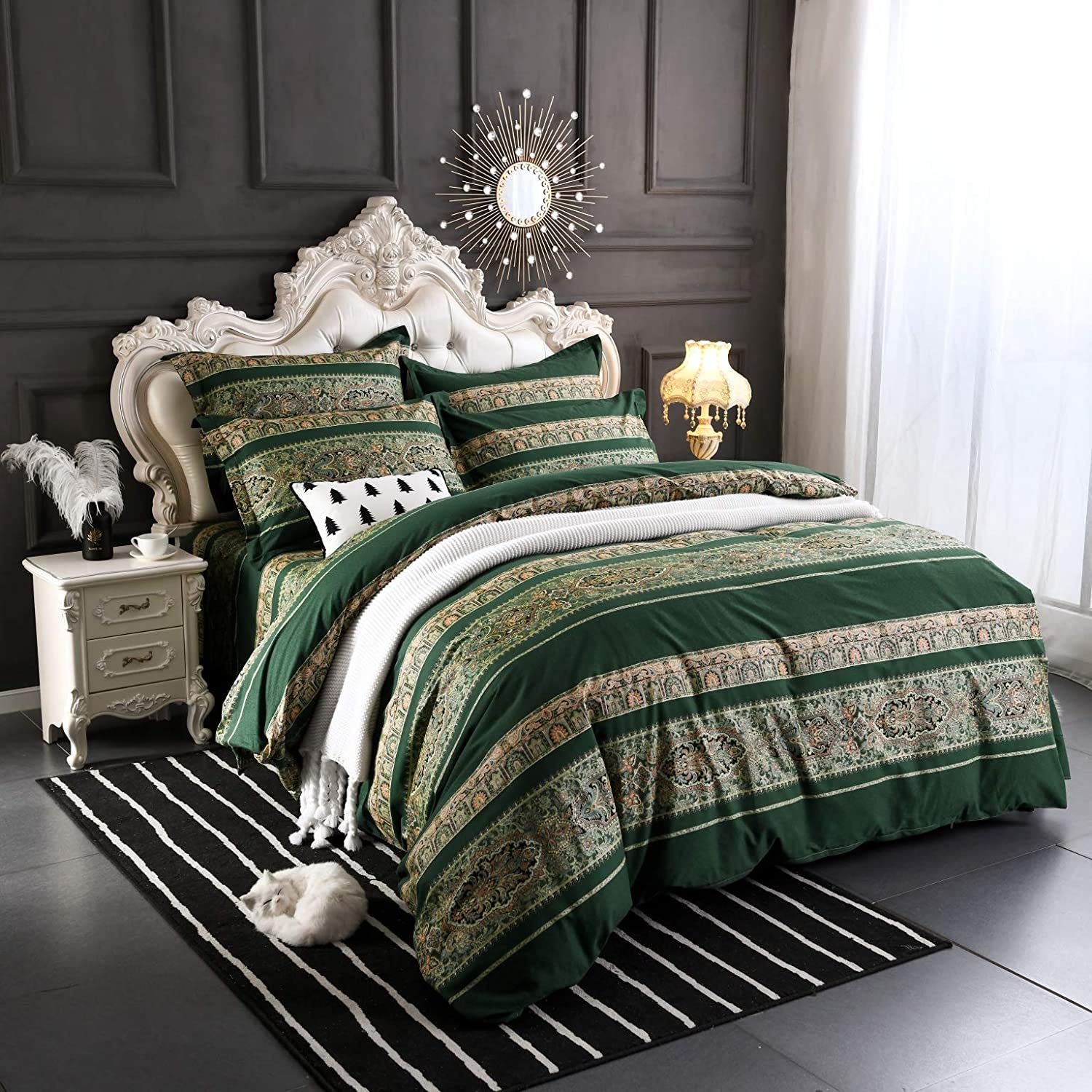 Lanqinglv Bohemian Duvet Cover Set Single Size Dark Green Boho Floral Vintage Printed Bedding Sets Microfiber Indian Quilt Covers With Zipper Closure and 1 Pillowcase 50x75cm — image 1