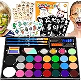 Face Painting Kit for Kids, 24 Colors Water Based Non-Toxic Face Paint with Stencils & Brushes, Professional Body Makeup Set for Halloween, Birthday, Parties with Guide Book Art and Craft Art Supplies