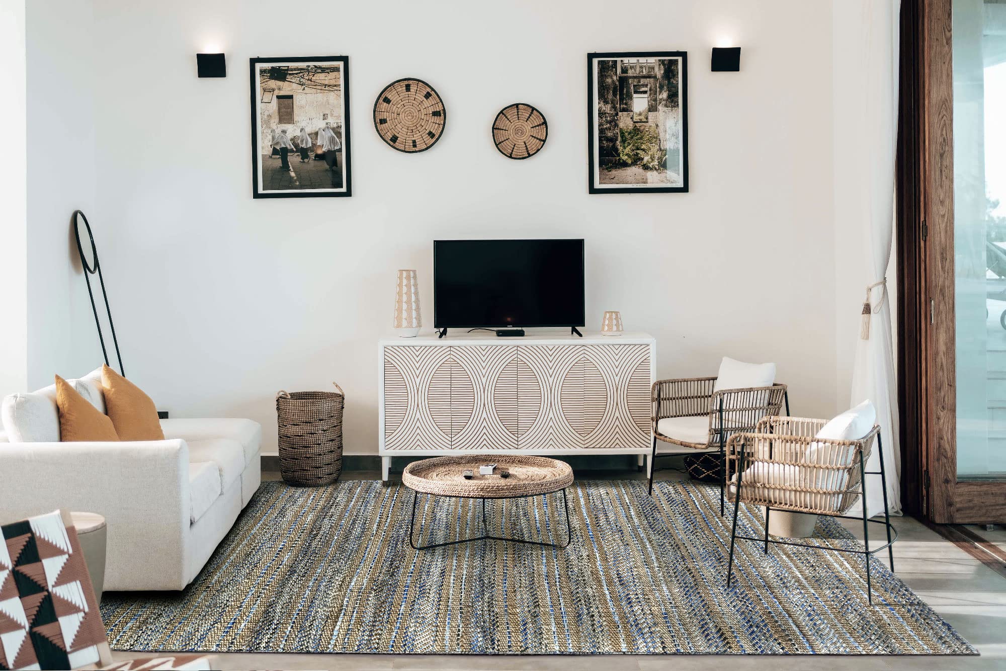 HAMID - Wool and Jute Rugs Olivia Hand Woven Wool Jute Rug for Living Room Bedroom Blue Veins (60 x 110 cm)