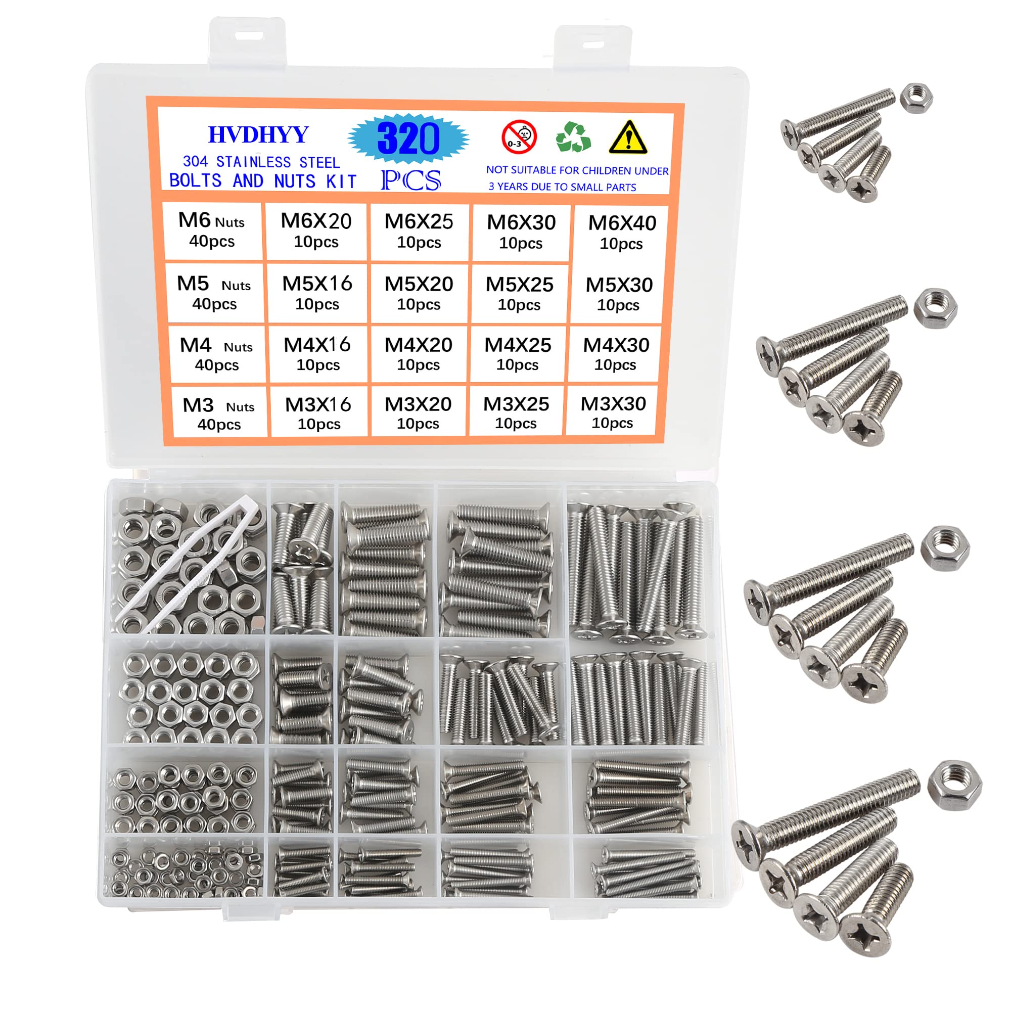 HVDHYY M3 M4 M5 M6 Bolt and Nut set Machine Phillips Screws & Nuts Assortment kit 304 Stainless Steel Button with a Reusable Storage Box (320pcs)